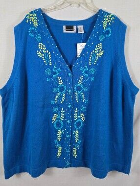 NWT Maggie Barnes Women's Blue Embroidered Sweater Vest Size 3X